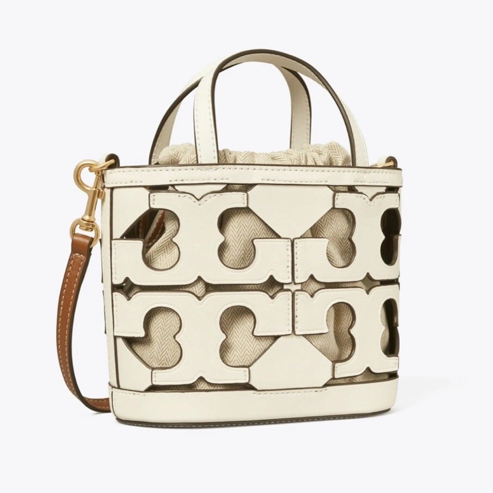 Tory Burch Cream and Brown Mini Bag with Geometric Cut-Out Design
